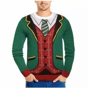 Ugly Holiday Christmas Sweater Faux Elf Suit - Large